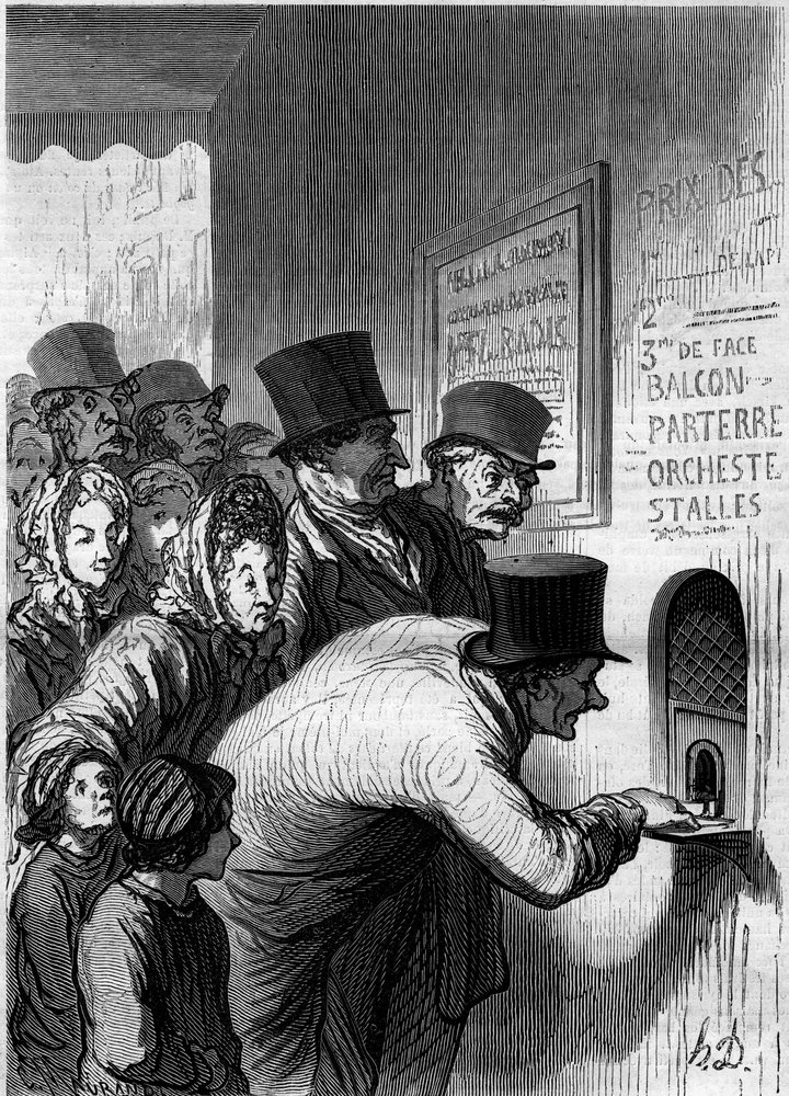 A theater window. Cartoon by Honore Daumier (1808-1879). Engraving in 