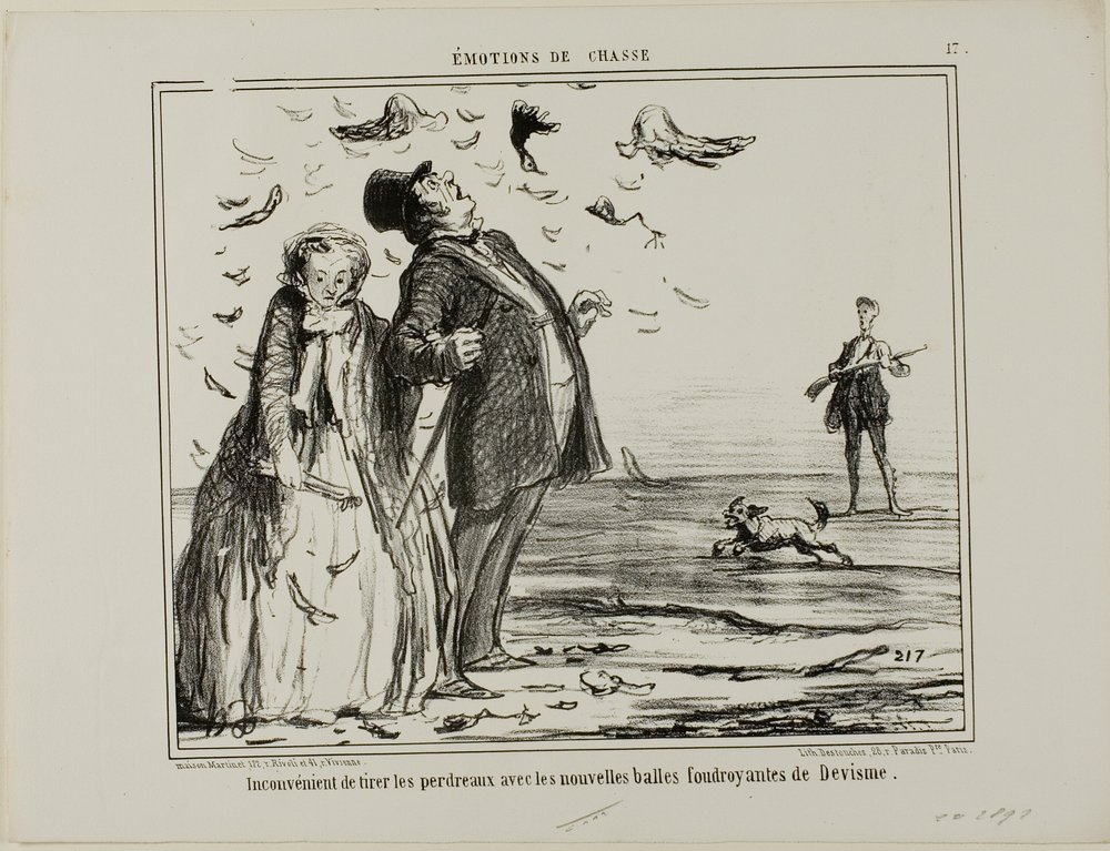 The Disadvantage of Shooting at Young Partridges with the New Explosive Bullets of Devisme, Plate 17 from Emotions of Hunting by Honoré Victorin Daumier