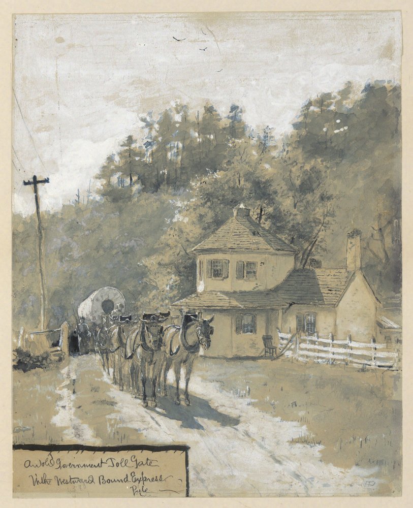 An Old Government Toll Gate with Westward Bound Express, drawing of an illustration for the article "The Old National Pike," by William Henry Rideing by Howard Pyle