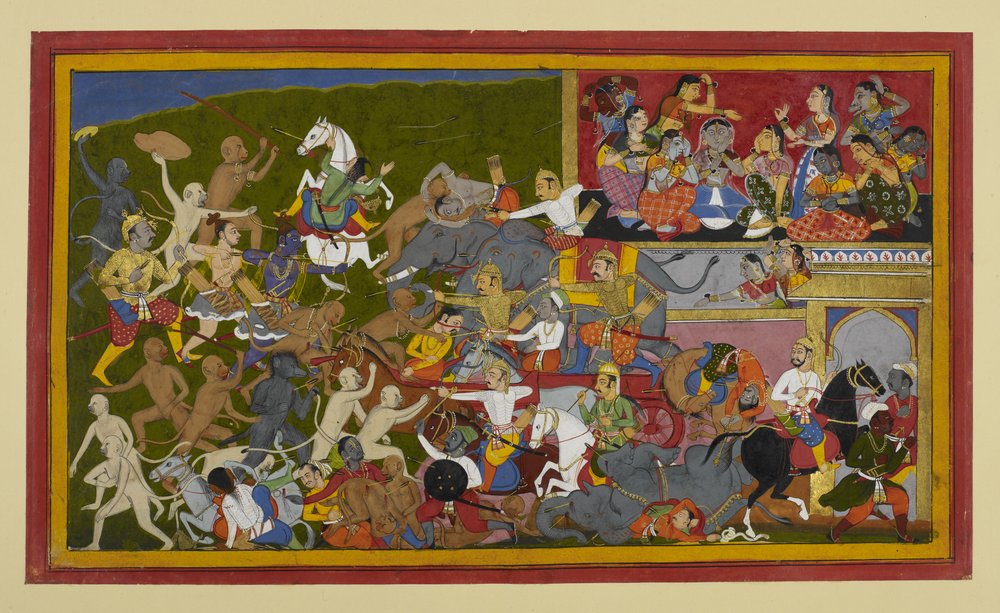 Rama and Lakshmana slay demons as female titans mourn, recalling a prophecy