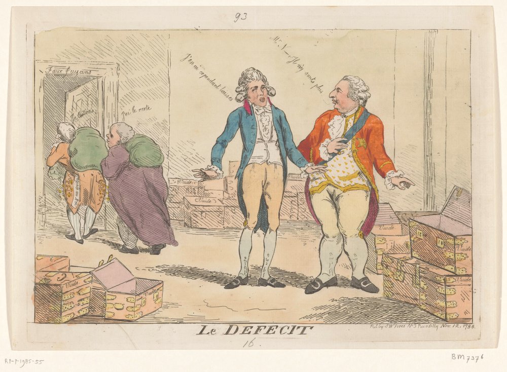 Caricature on the French financial crisis, 1788. Le Deficit (title on object) by Isaac Cruikshank