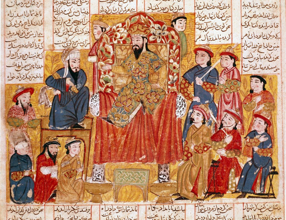 Islamic Art: “A Sultan and His Court”, Persian miniature from a manuscript of the epic poem “Shahnameh” (Shah Nama, Shahnama) (Book of Kings) by Ferdowsi (Firdawsi, or Ferdawsi, or Firdousi, ca. 940-around 1020). Around 1330, Topkapi Museum, Istanbul by Islamic School