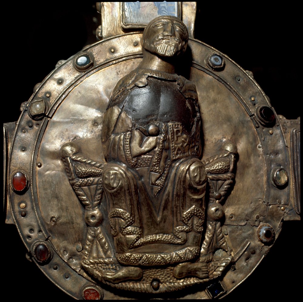 Barbarian art of Lombardy: Cross of Desiderio (Cross of King Didier). Silver and gold leaves inlaid with precious stones, glass and cameos. (detail) by Italian School