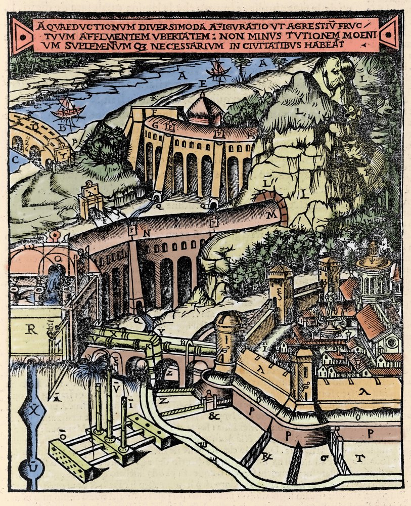 Representation of an aqueduct. Colored engraving from 