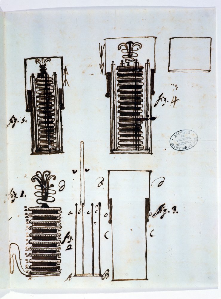 The Voltaic Pile (Battery). Drawing from a Letter of Alessandro Volta ...