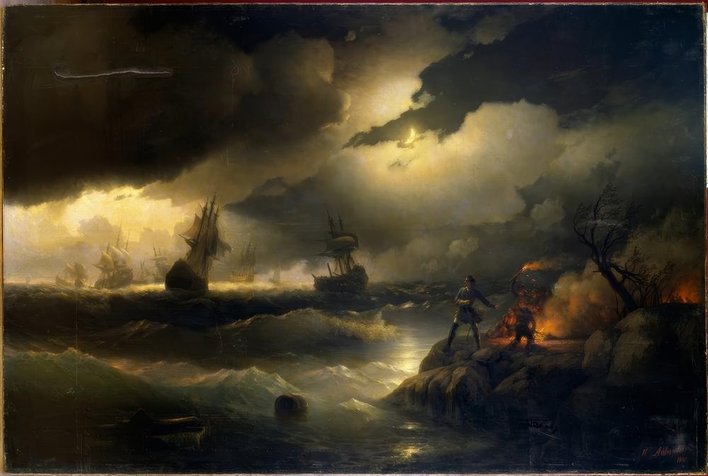 Peter the Great lights a beacon at Krasnoi Gorka by Ivan Konstantinovich Aivazovsky