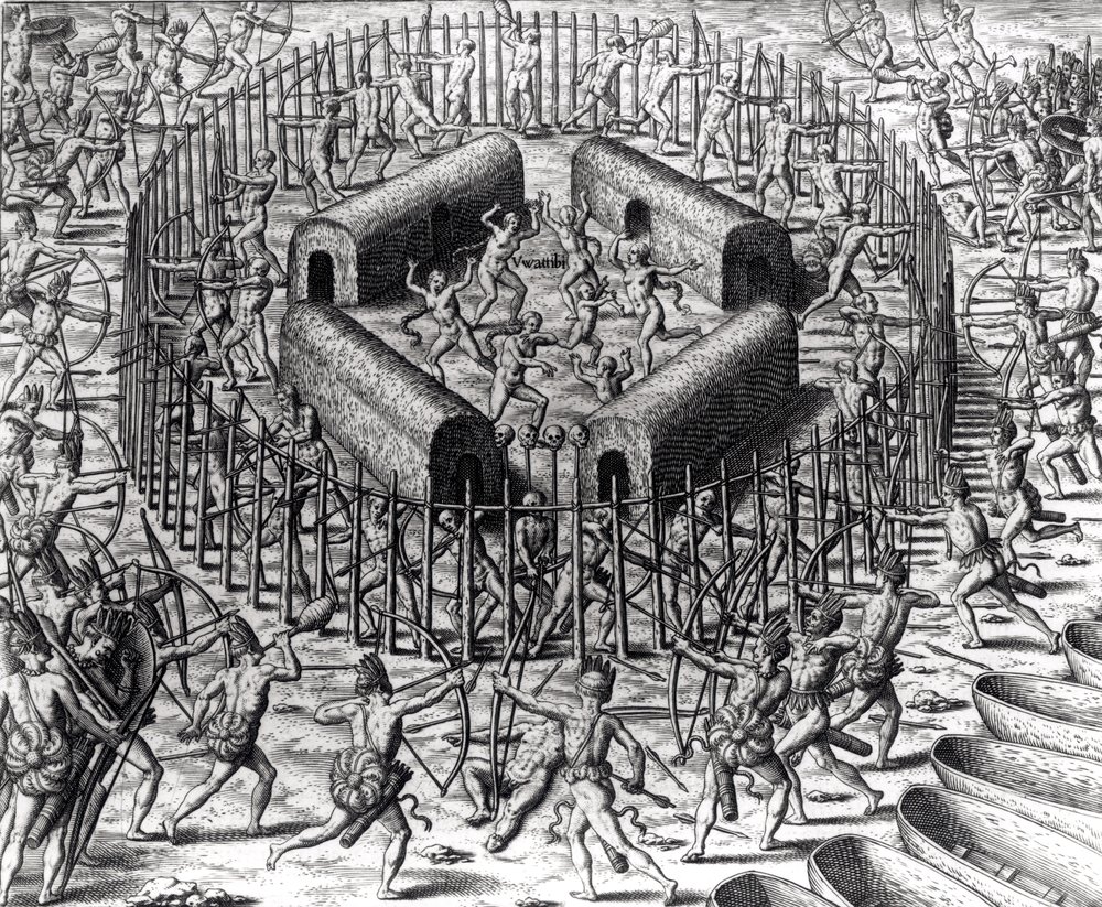 Johannes Staden Helps to Defend the Indians Who Captured Him Against the Tuppin Tkins, engraved by Theodore de Bry (1528-98), from 