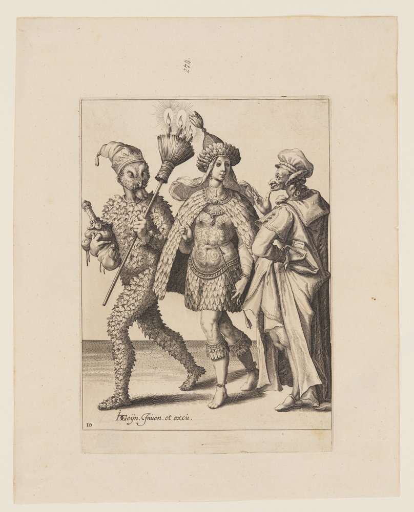An Old Mummer Addressing a Couple Dressed in Leaves and Bird Feathers ...
