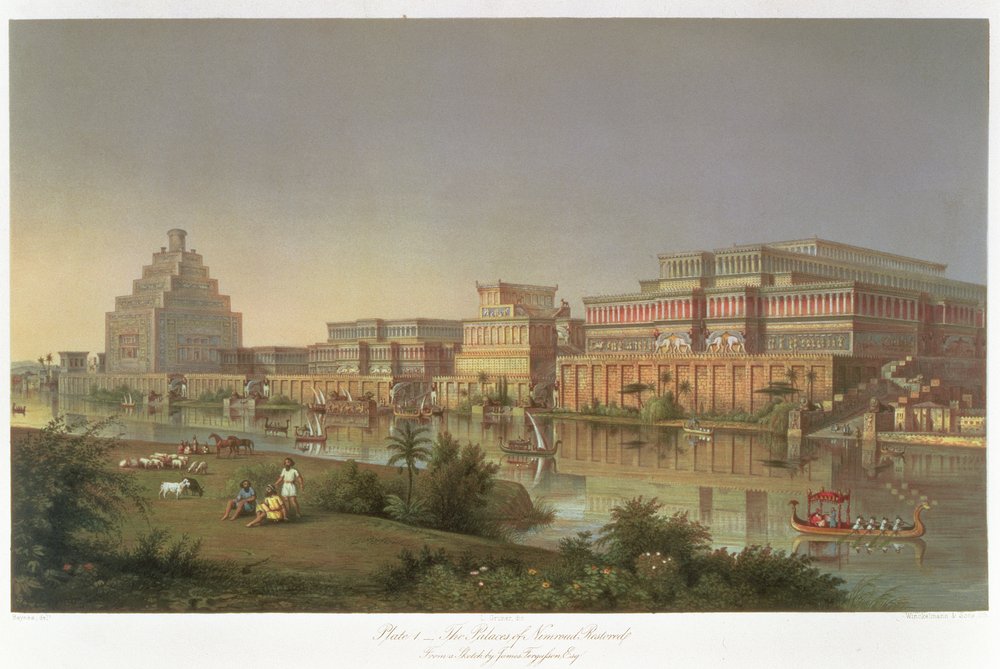The Palaces of Nimrud Restored, a reconstruction of the palaces built by Ashurbanipal on the banks of the Tigris, from Discoveries in the Ruins of Nineveh and Babylon by Austen Henry Layard (1817-94) by James Fergusson