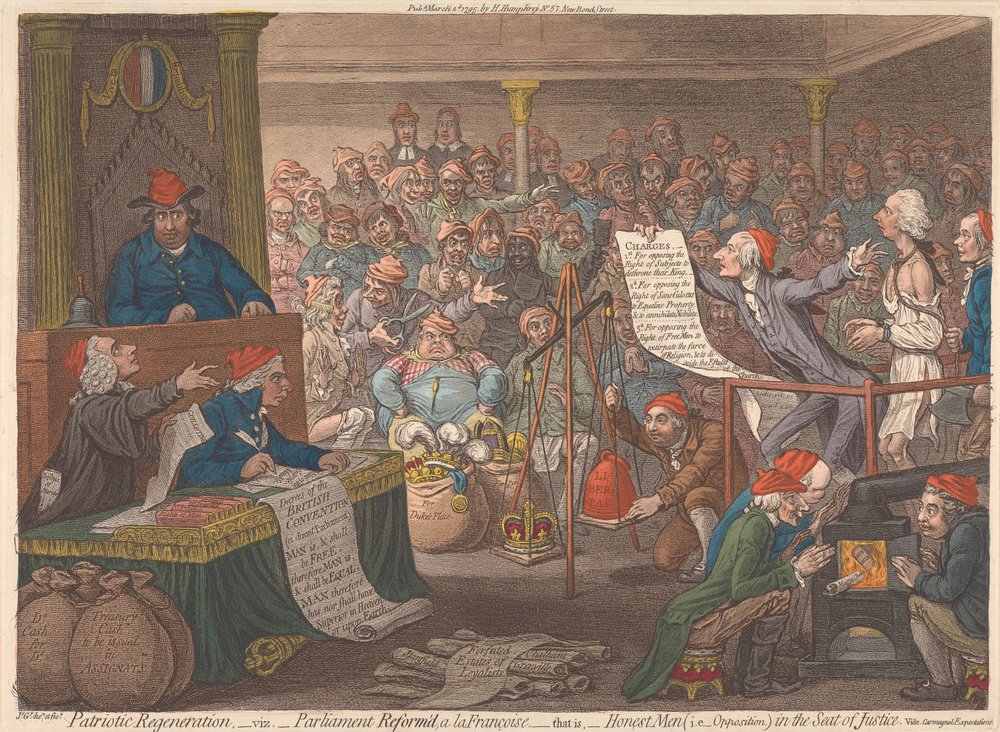 Patriotic Regeneration, - Viz - Parliament Refounded a la Francoise, - that is, - Honest Men (i.e. Opposition) in the Seat of Justice. Vide, Carmaguol Expectations by James Gillray