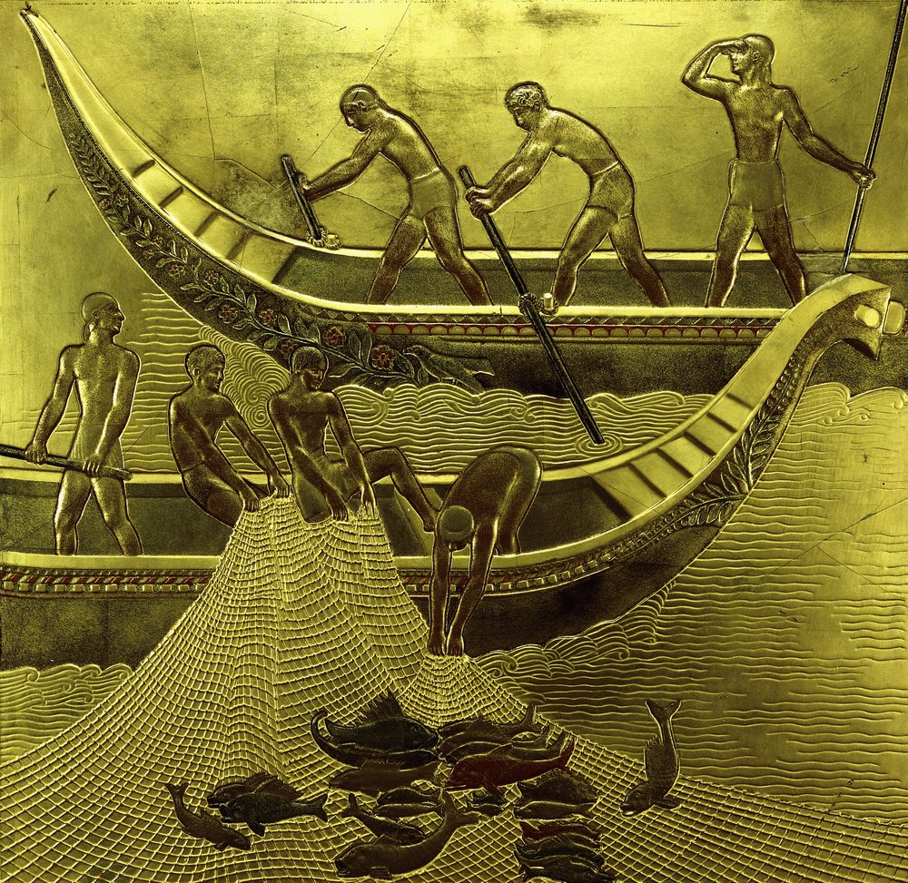 A lacquered panel depicting fishermen drawing their nets by Jean Dunand