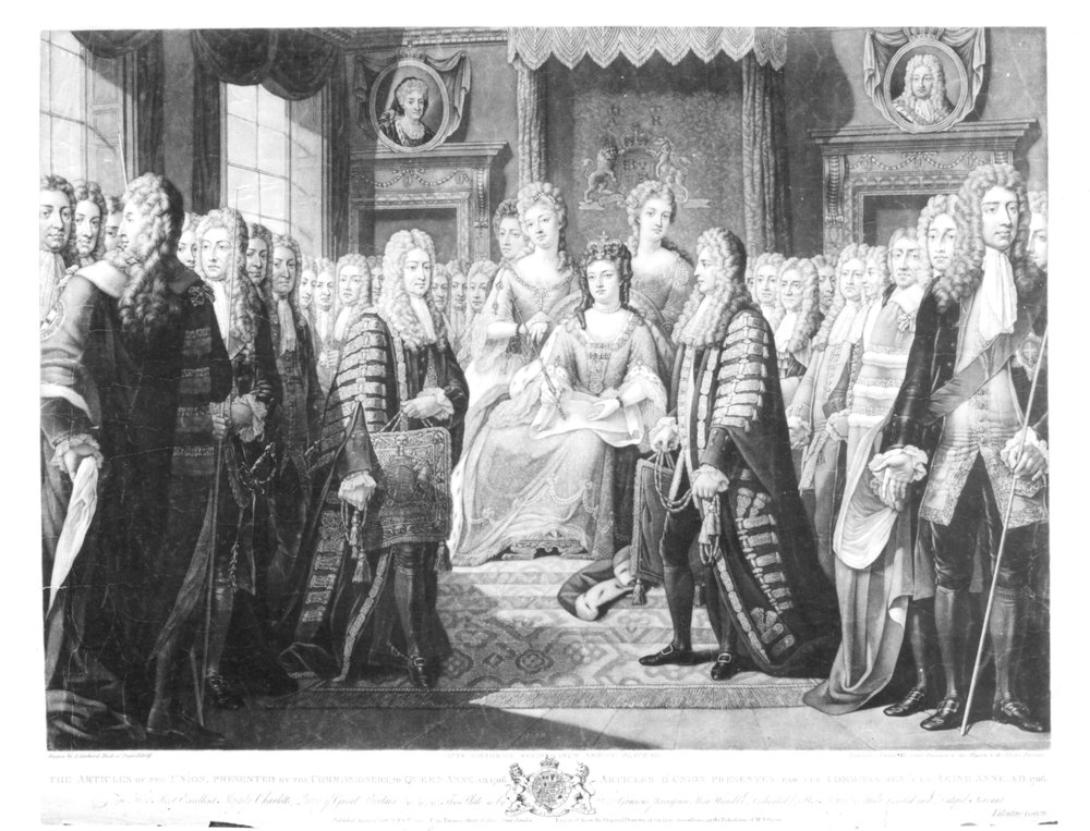The Articles of the Union Presented by the Commissioners to Queen Anne,  1706, plate 12 from 'Historic Acts of the Queens of England', engraved by  Valentine Green