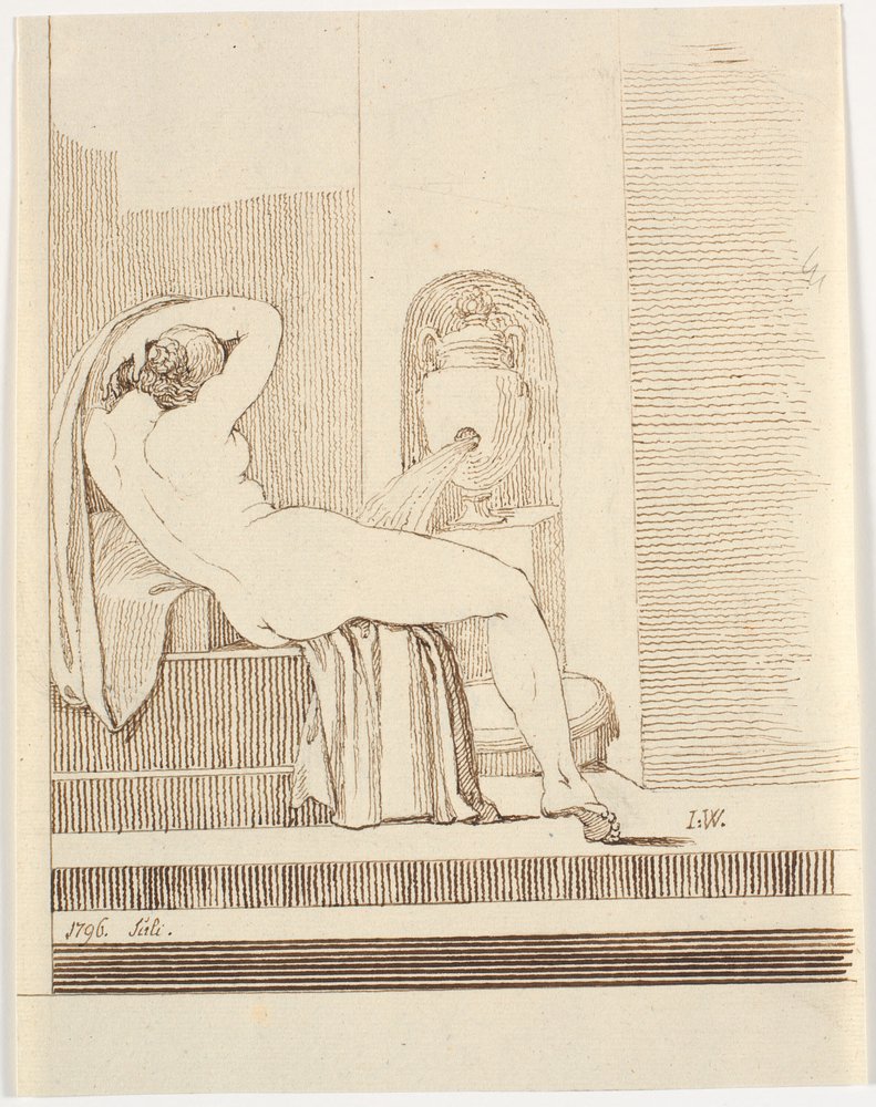Nude Woman with Drapery Seen from Behind, in Front of a Fountain by Johannes Wiedewelt