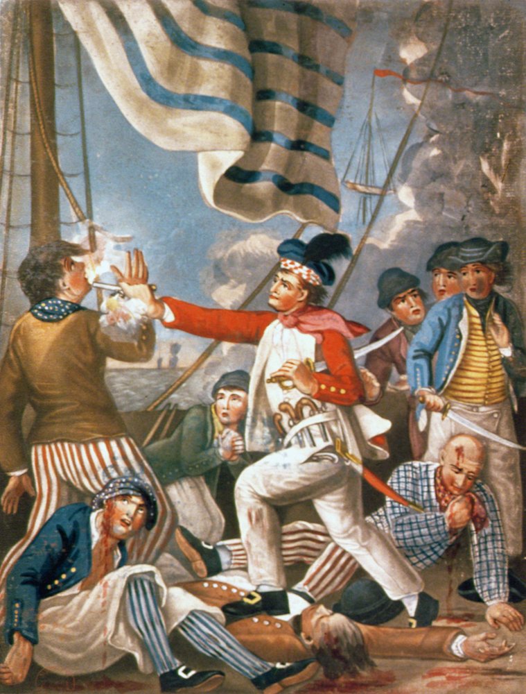John Paul Jones shooting a sailor who had attempted to strike his colours in an engagement, pub. by Carrington Bowles by John (after) Collet