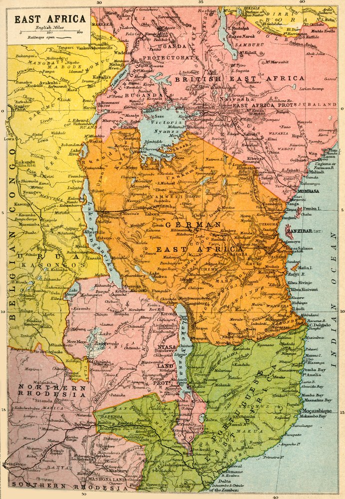 Map of East Africa, First World War, c1920 by John Bartholomew and Son