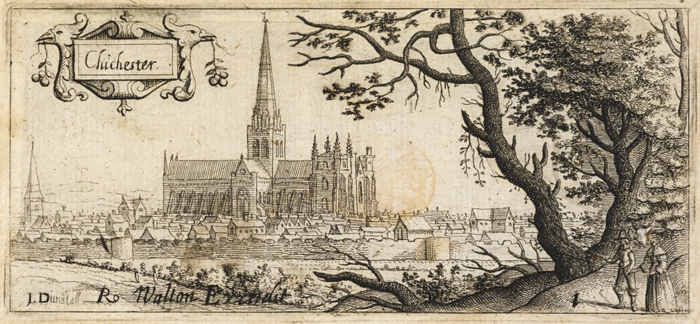 Two figures standing by a large tree with Chichester in the distance
