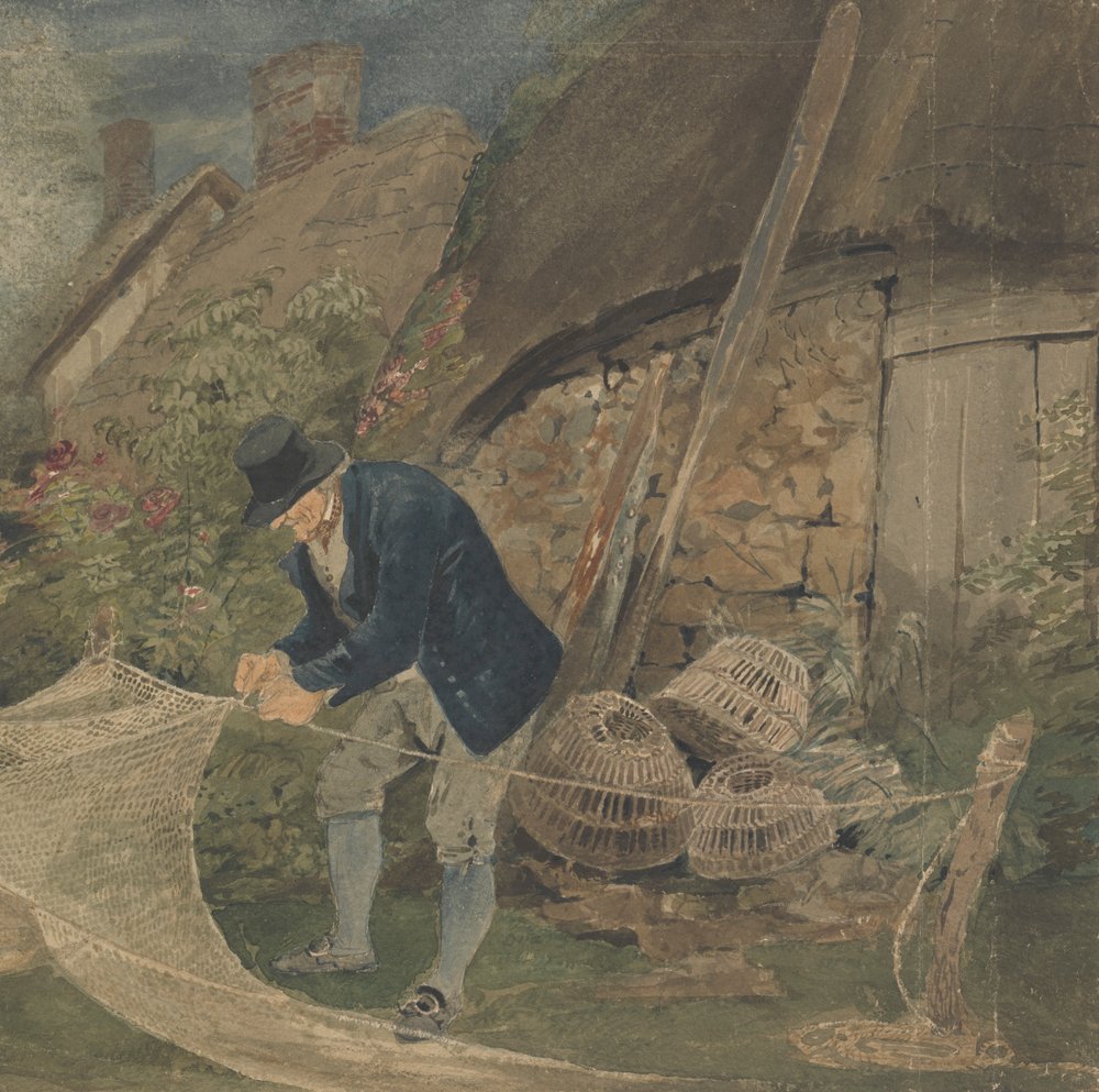 An Old Fisherman Repairing Nets with a Cottage in the Background by John Thirtle