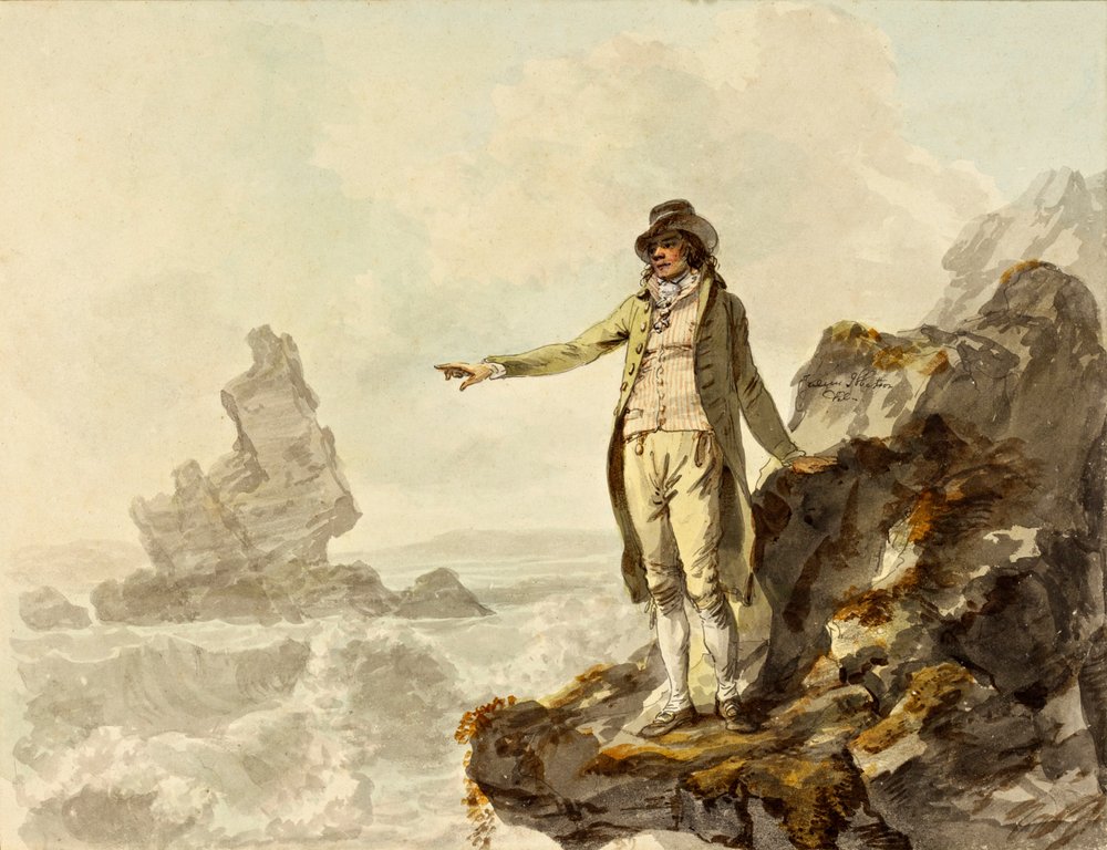 The Guide to the Stackpole Scenery pointing to Stack Rock, Pembrokeshire, 1793 by Julius Caesar Ibbetson