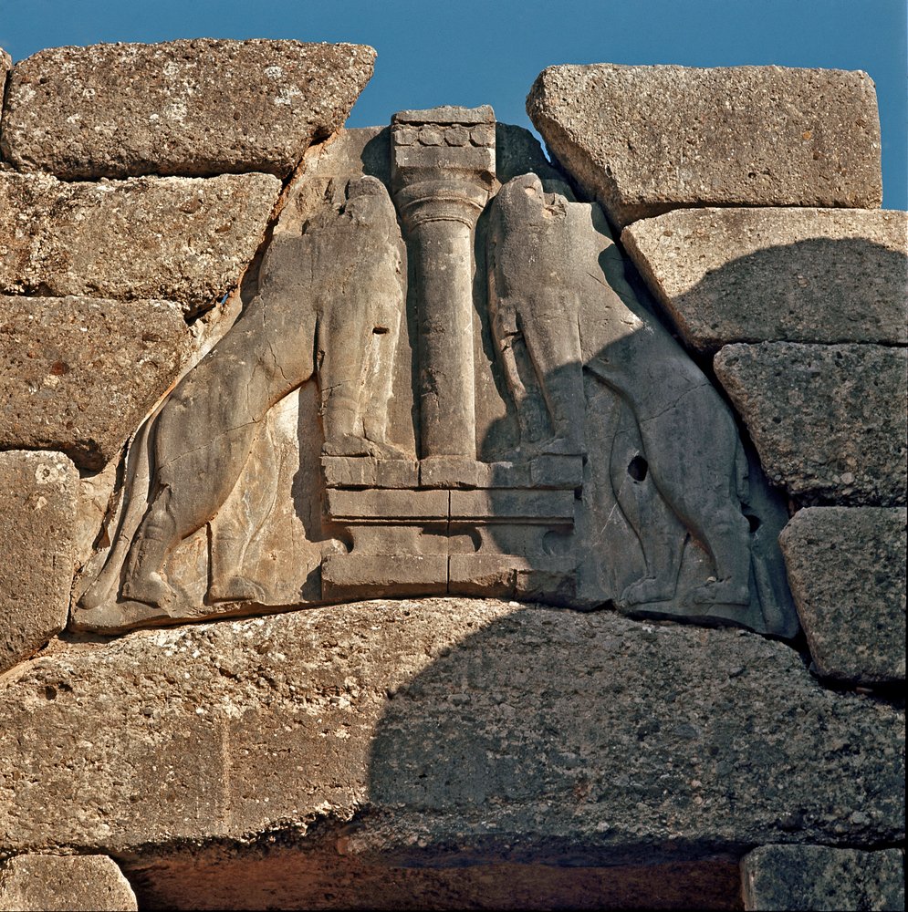 The Gate of the Lions: site of the ancient town of Mycenae, in the Peloponnese (1500-1100 BC) Greece by Late Helladic Period Mycenaean