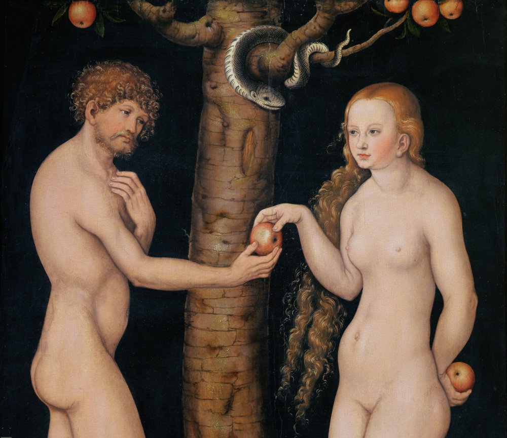 Eve Offering the Apple to Adam in the Garden of Eden (detail) by Lucas Cranach the Elder