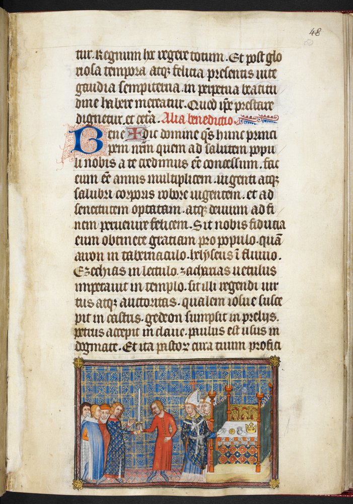 Cotton Tiberius B. VIII f.50r The King transmitting the sword to the Seneschal (Duke of Anjou), from 