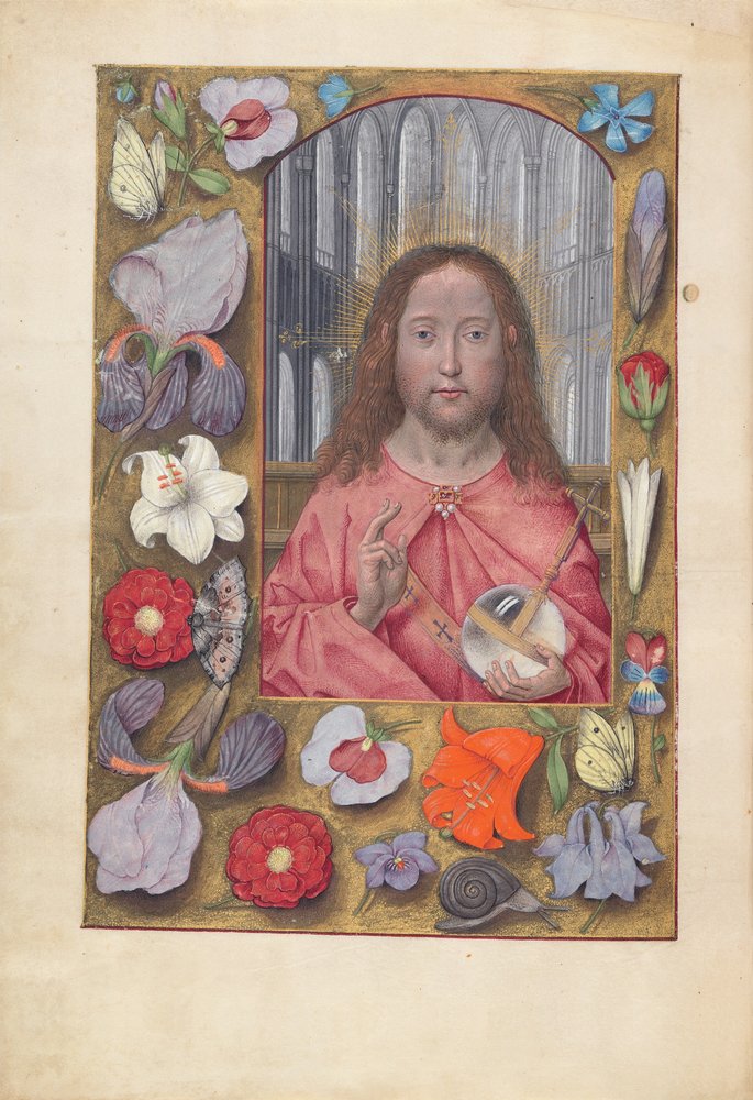 Hours of Queen Isabella the Catholic, Queen of Spain: Fol. 14v, Salvator Mundi by Master of the First Prayerbook of Maximillian