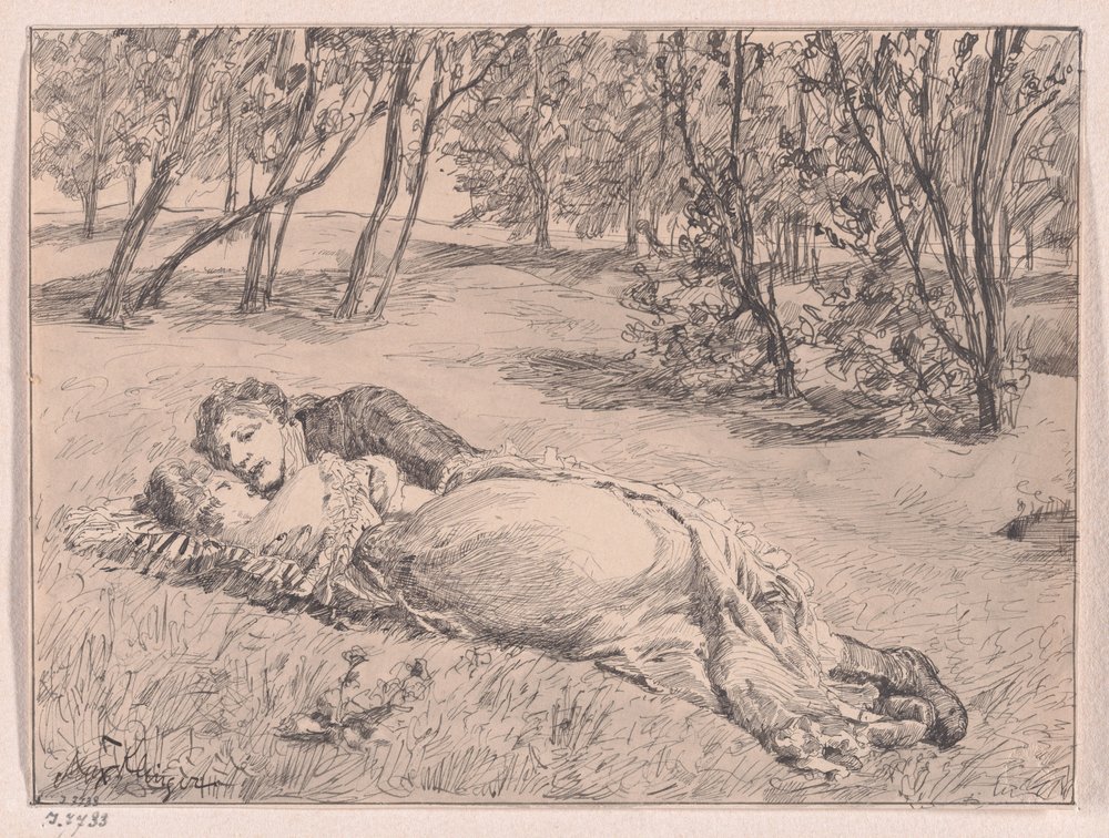 Couple on the Grass - An Embrace in a Landscape by Max Klinger