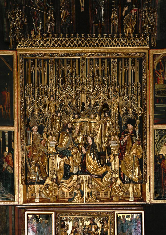 Saint Wolfgang Altar, shrine: Coronation of Saint Mary kneeling before Christ the King, the Holy Ghost hovering above by Michael Pacher