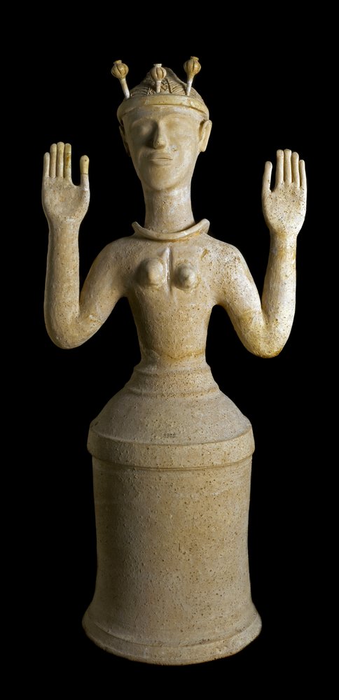 Minoan art: terracotta statue of the Goddess of Poppies, deity of sleep or death. From the sanctuary of Gazi, Crete. 1350 BC. H. 79 cm, Heraklion National Archaeological Museum by Minoan
