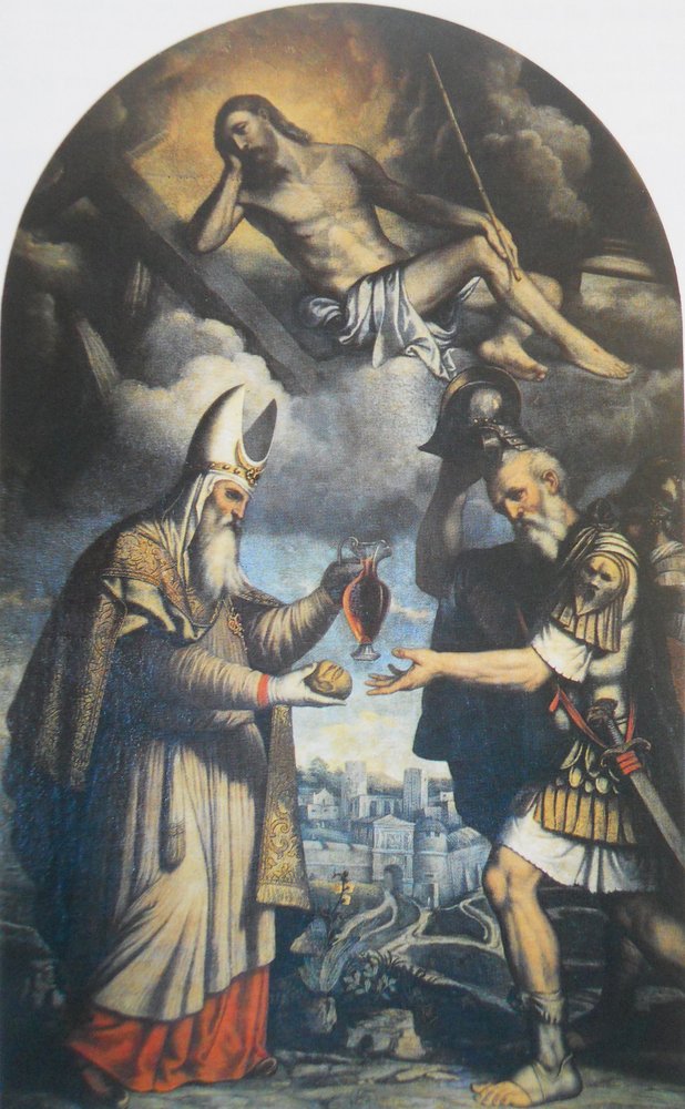 Melchisedec offers bread and wine to the patriarch Abraham