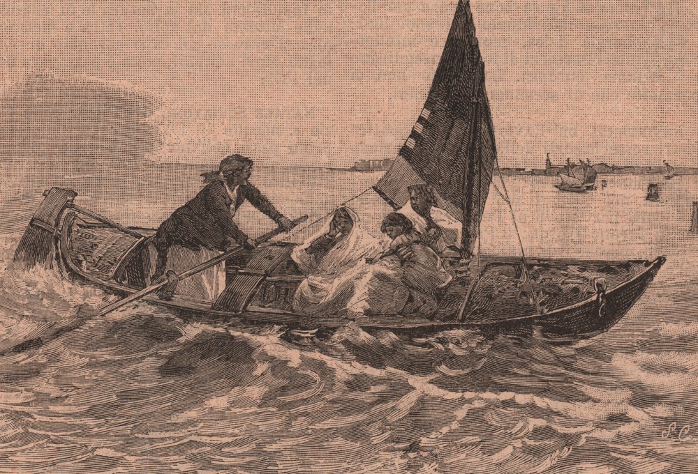 Crossing lagoon (woodcut) by Mose Bianchi