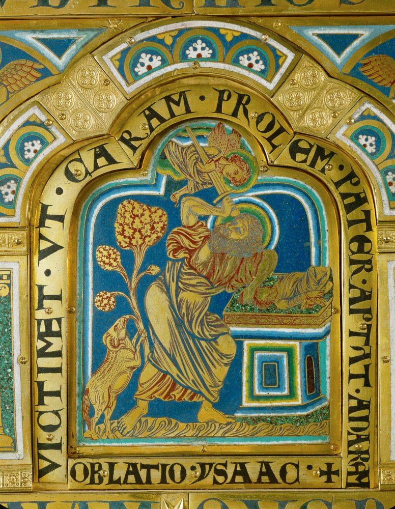The angel prevents Abraham from sacrificing Isaac, and points to the ram by Nicholas of Verdun