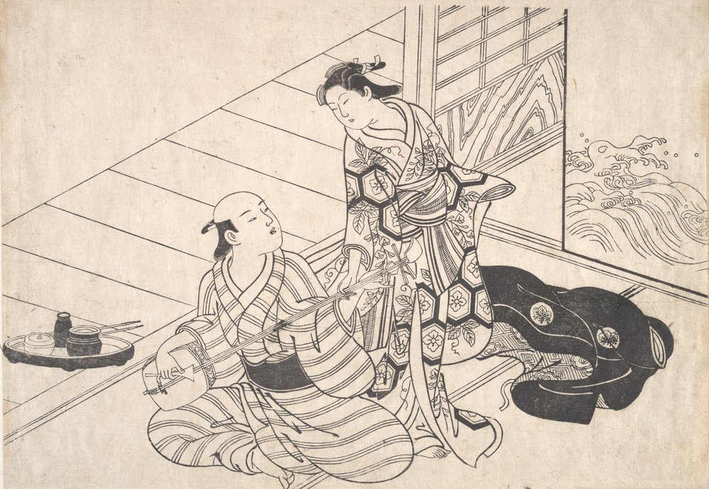 Lady Interrupting Her Lover, who is Playing the Shamisen by Nishikawa Sukenobu