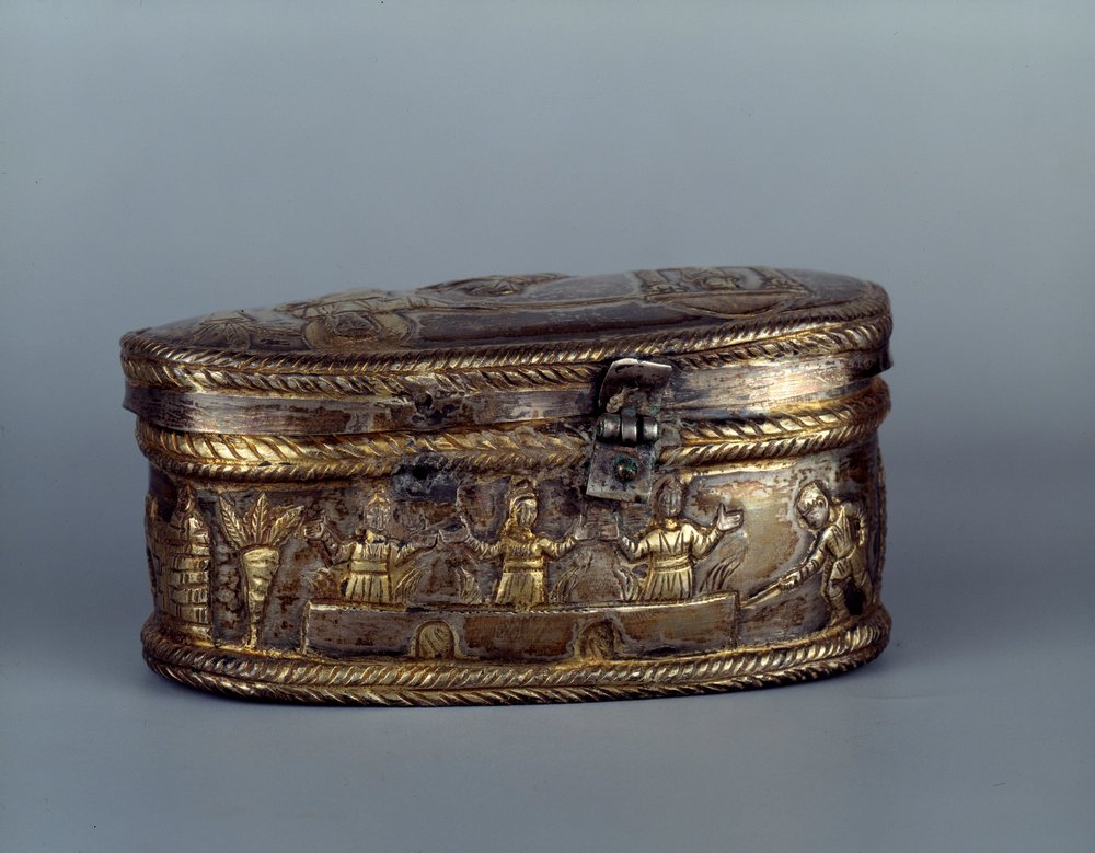 Paleochristian art: silver reliquary box known as Capsella de Brivio: the three Hebrews in the furnace. The three Hebrews refused to bow down to a statue raised by King Nebuchadnezzar, they were thrown into the furnace but came out unharmed. 5th century AD by Paleo-Christian