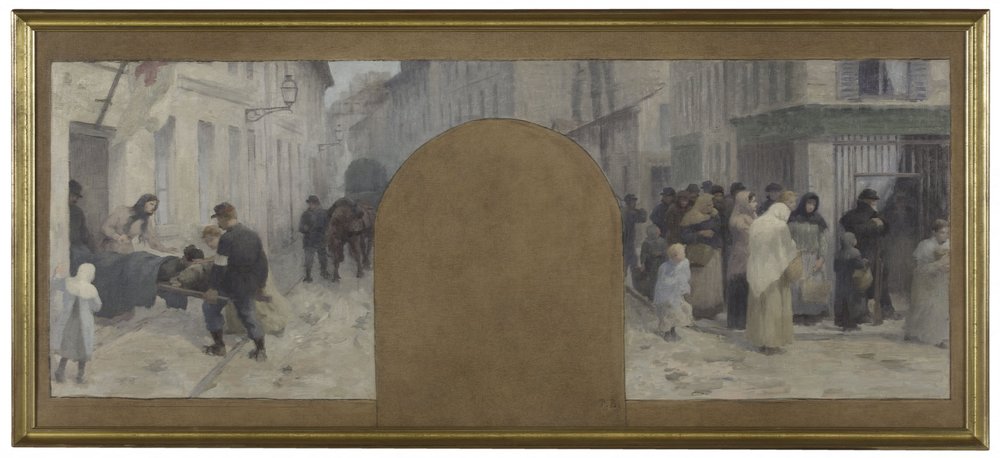 Sketch for the Hôtel de Ville de Paris, cabinet du préfet: Transporting the wounded to the Ambulance. Queues in front of a store during the siege of Paris in 1870 by Paul Albert Baudouin