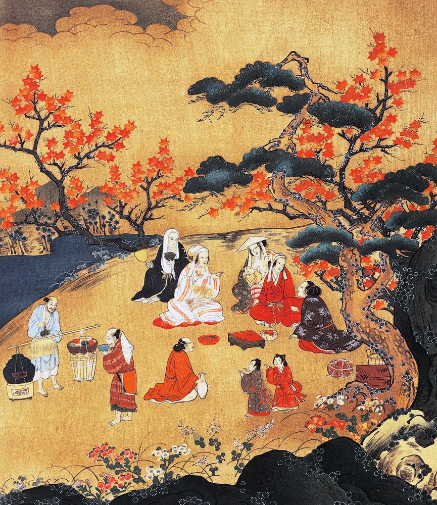 Women looking at maple trees in Takao, screen, Azuchi-Momoyama