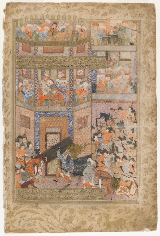 Ali lifts the gates of Qamus, from a Rawzat al-safa