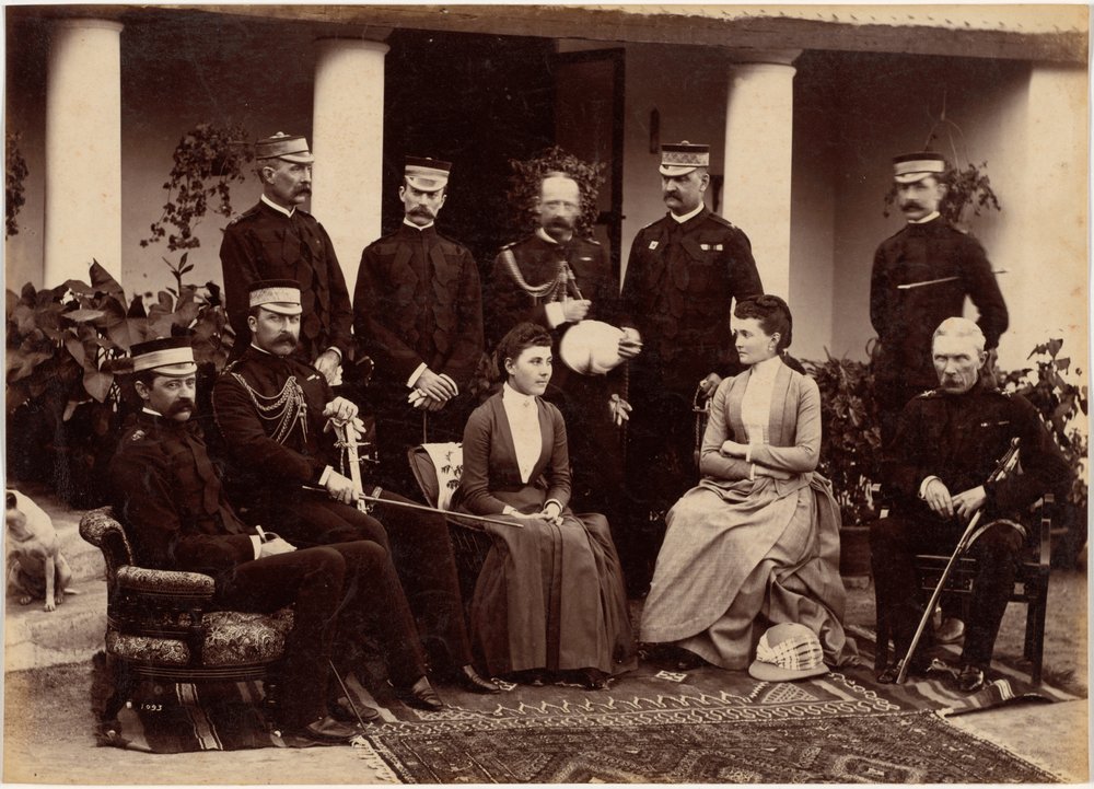 The Duke and Duchess of Connaught, with Col. Adam, Captain H.V. Benett, Col. Becher, Gen. Knowles, Captain Herbert, Col. Cavaye, Mrs. Cavaye, and Gen. R. Gellispie, Mhow by Raja Deen Dayal