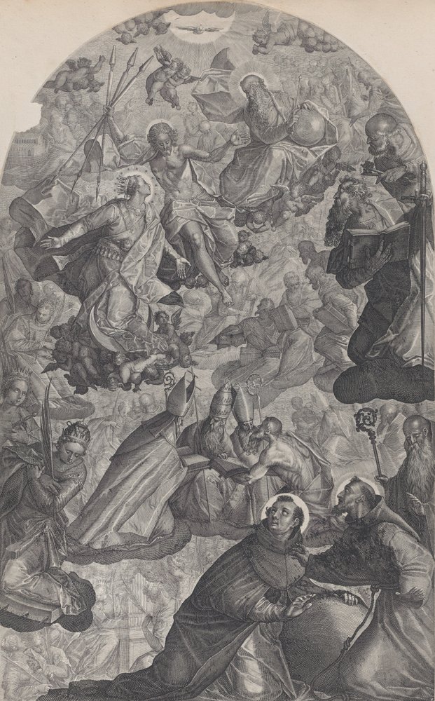 The vision of Saint Dominic, with God the Father and Christ at top ...