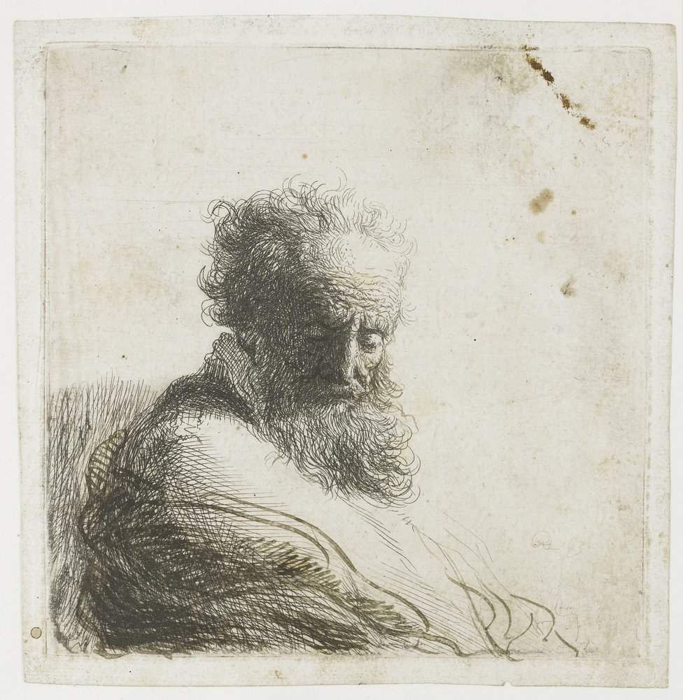 Bust of an old bearded man, looking down, three quarters right by Rembrandt van Rijn