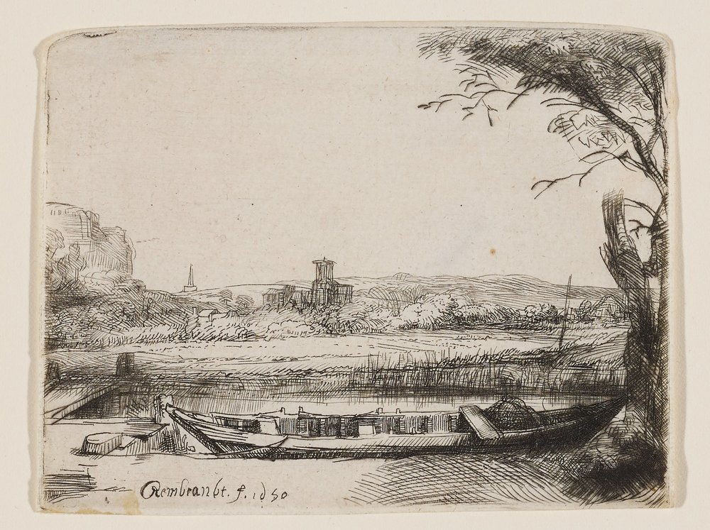 Canal with a Large Boat and Bridge by Rembrandt van Rijn