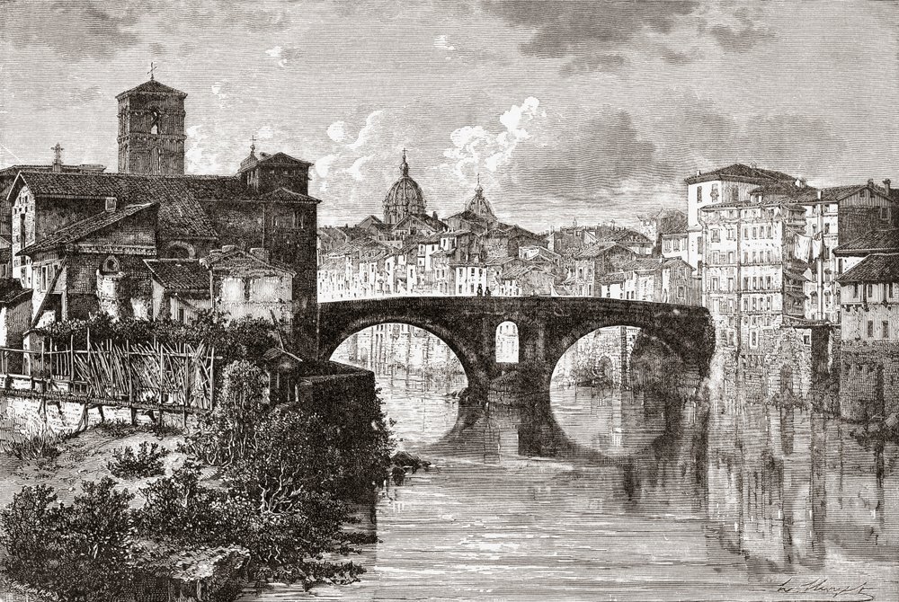 The Pons Fabricius, or Ponte dei Quattro Capi, and Tiber Island, Rome, Italy in the late 19th century. From Italian Pictures by Rev. Samuel Manning, published c.1890. by Reverend Samuel Manning