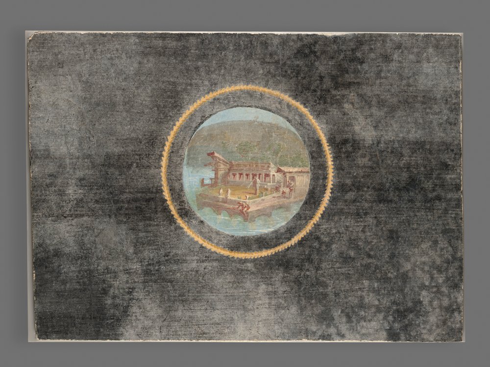 Black-Ground Fresco Fragment with Landscape in Tondo, 50-79 A.D. by Roman
