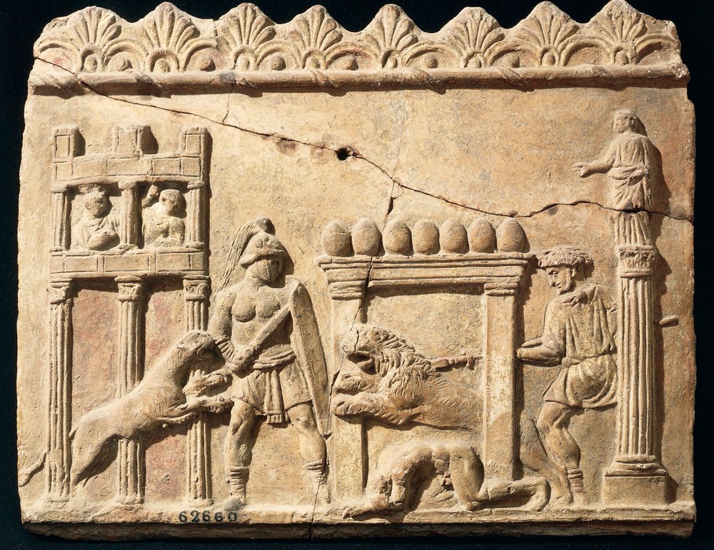 Roman Relief depicting lions and gladiators fighting in circus by Roman