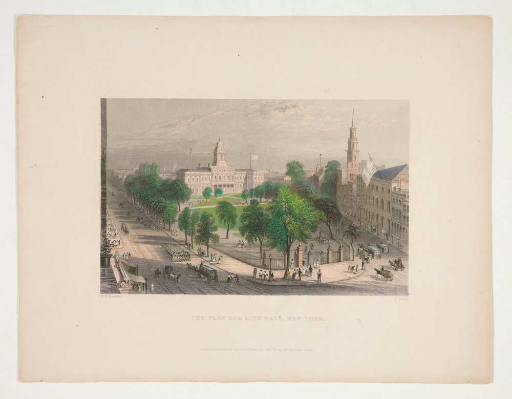 The Park and City Hall, New York, illustration for Nathaniel Parker Willis by S. Lacey