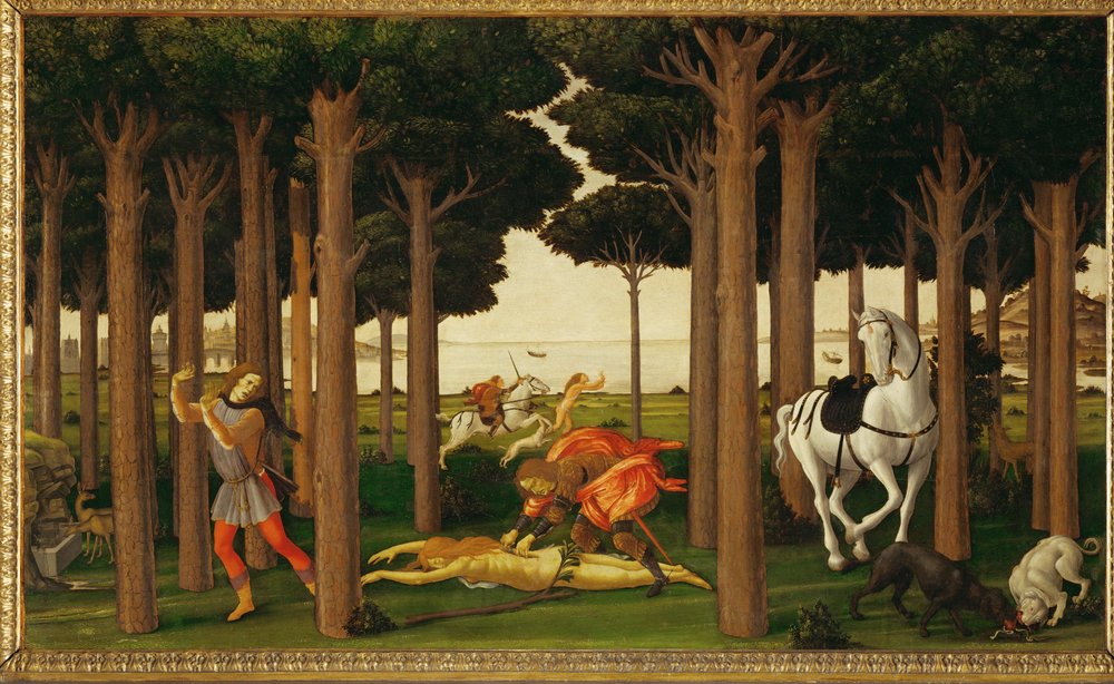 The Story of Nastagio degli Onesti, Second of Three Panels: The Rider Kills the Girl and Throws Her Heart to the Dogs by Sandro Botticelli