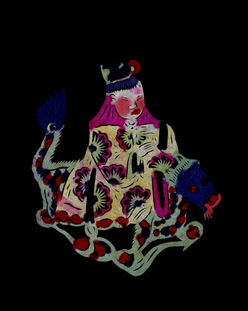 Chinese God Riding a Dragon. Painted Paper Cutting or "Jian Zhi", Chinese Folk Art, Beijing by School Chinese