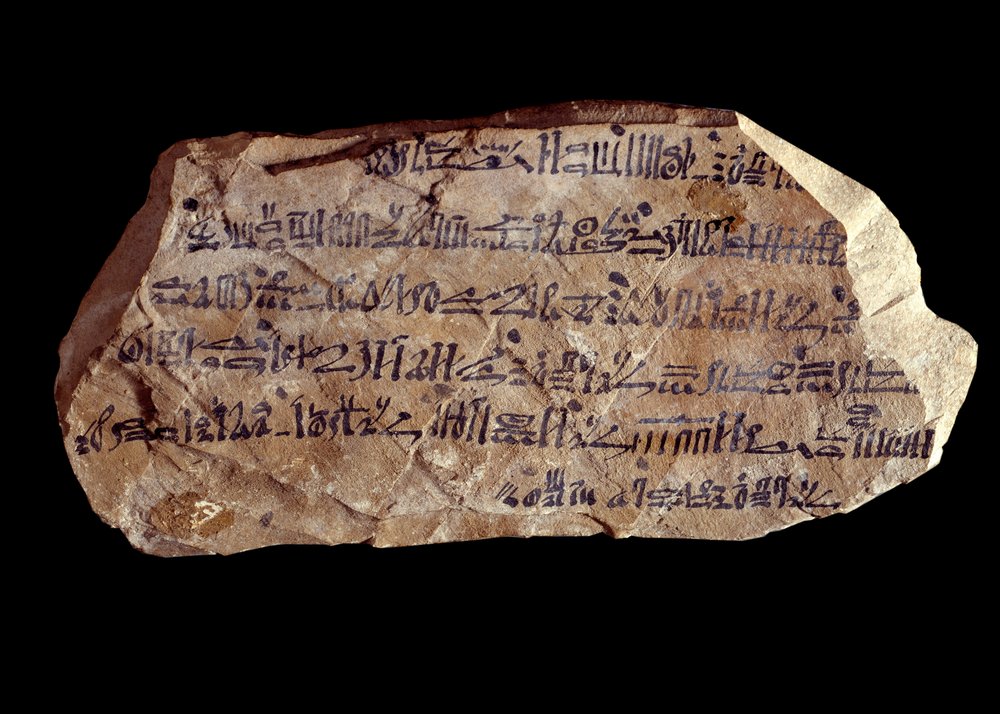 Art of Ancient Egypt: ostrakon (or ostracon) (plural: ostraca or ostraka), hieratic (pottery shards on which sacred things are written). New Kingdom of Egypt. Paris, Musée du Louvre by School Egyptian