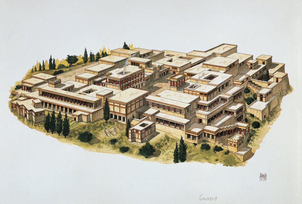 Reconstruction of Knossos Palace, Crete, 20th century BC by School Italian