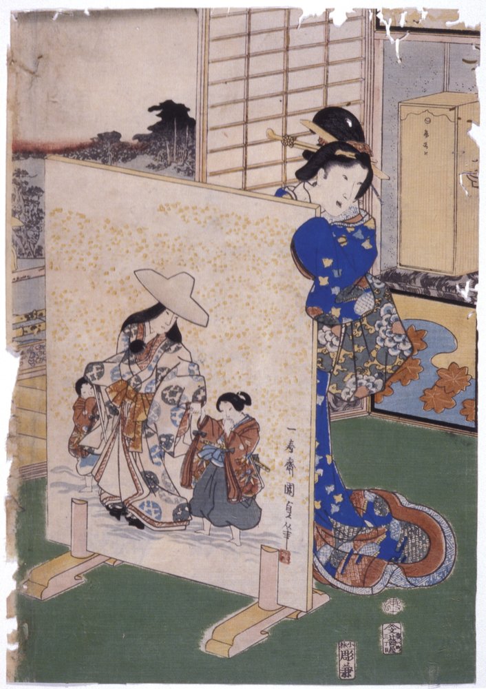 Woman Stands Behind Tsuitate with Painting Signed 'Kunisada'